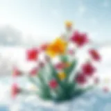 Vibrant winter flowers blooming in a snowy landscape